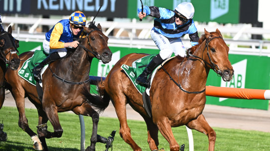Ethan Brown gives a salute as Smokin’ Romans wins the Turnbull Stakes last month.