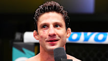 Allan Nascimento of Brazil reacts after a submission victory against Cody Durden in 2025.