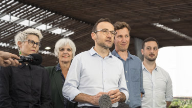 Greens leader Adam Bandt (front) in Brisbane with Senator-elect Penny Allman-Payne, successful candidates Elizabeth Watson-Brown (Ryan) and Max Chandler-Mather (Griffith), and Brisbane candidate Stephen Bates.