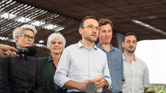 Greens leader Adam Bandt (front) in Brisbane with Senator-elect Penny Allman-Payne, successful candidates Elizabeth Watson-Brown (Ryan) and Max Chandler-Mather (Griffith), and Brisbane candidate Stephen Bates.