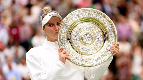 Marketa Vondrousova of Czech Republic celebrates winning the women’s singles final at Wimbledon.