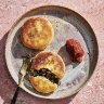 Stuffed potato cakes with tomato-chilli relish.