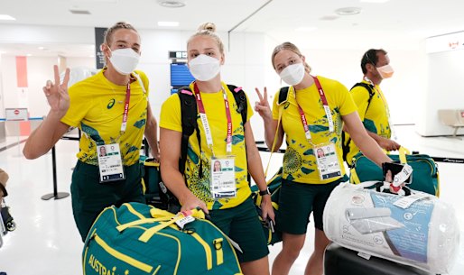 Australian Olympians Elle Armit, Gabriella Palm and Abby Andrews arrive in Japan.