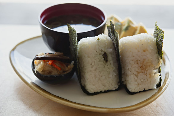 Instead of avo toast, Kurumac serves onigiri rice balls, miso soup and rolled omelettes.  