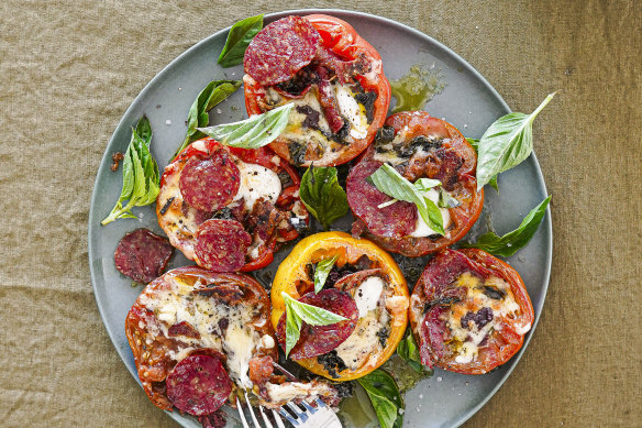 Pepperoni pizza stuffed tomatoes.