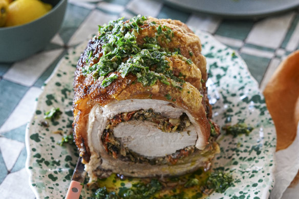 Stuffed porchetta with gremolata.