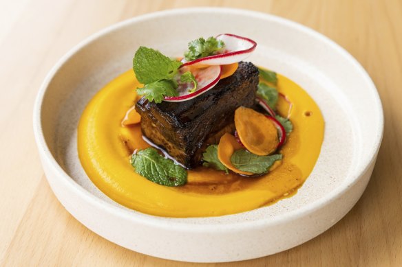 Go-to dish: Slow-braised beef rib with carrot puree.