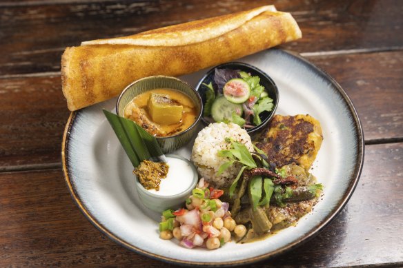 Potato masala dosa thali platter.