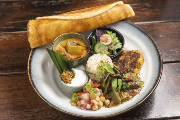 Potato masala dosa thali platter.