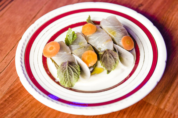 Dolmades made with shiso-wrapped kingfish.