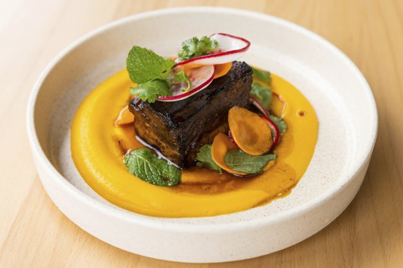 Slow braised beef rib with carrot puree served at Gateway in Coldstream.