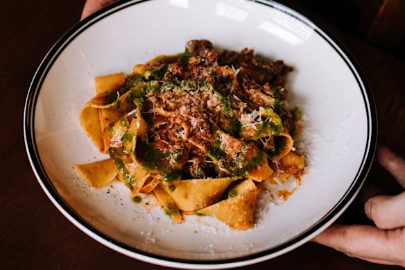 Wild venison ragu on pappardelle with pecorino and salsa verde.