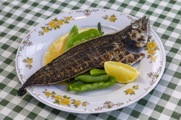 Barbecue bonito with beans and snowpeas and lemon butter sauce. 