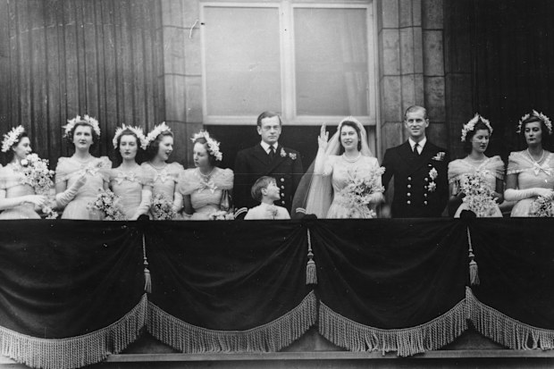 The royal group on the balcony of Buckingham Palace after returning from the wedding ceremony between Princess Elizabeth and the Duke of Edinburgh