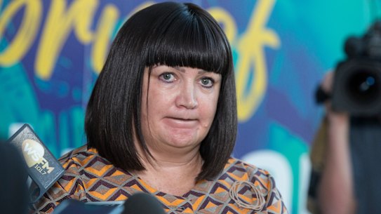 Under pressure: Rugby Australia chief executive Raelene Castle announces the sacking of Israel Folau on Friday.