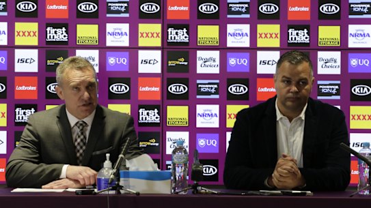 Broncos CEO Paul White and departing coach Anthony Seibold at the press conference Wednesday morning.