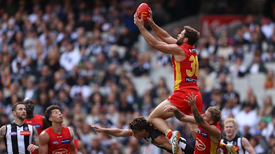 Levi Casboult flies high against the Magpies.