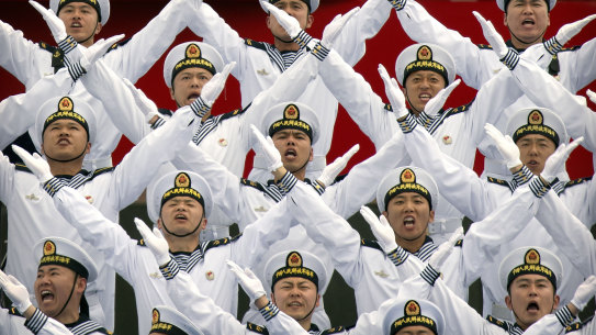 A Chinese navy chorus marks the 70th anniversary of the founding of the People’s Liberation Army in 2019. The Chinese navy has conducted joint military exercises over the weekend with the Indonesian navy. 