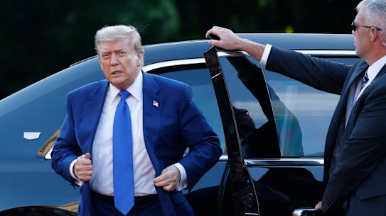 US President Donald Trump arrives at the NATO summit on Tuesday.