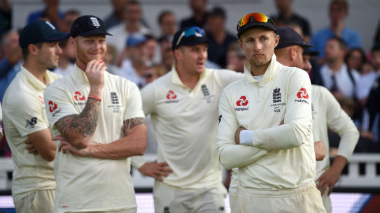 England captain Joe Root watches the post match presentations after Ashes victory by Australia in 2019.