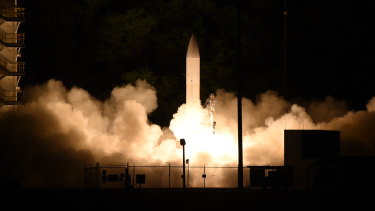 A common hypersonic glide body (C-HGB) launching from the Pacific Missile Range Facility in Kauai, Hawaii in 2020. The Pentagon is developing hypersonic war-fighting capabilities.