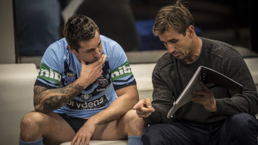 Mitchell Pearce with Andrew Johns in Blues camp last year.