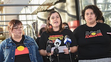 From left, Crystal McKinnon, Meriki Onus and Tarneen Onus-Williams announcing their intention to go ahead with the rally in 2020.