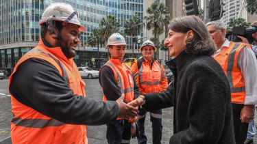 Premier Gladys Berejiklian meets with electrical trade apprentices in the city on Thursday.