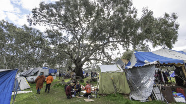 The Djab Wurrung camp at the sacred birthing trees, where protesters have been set up for months to prevent the trees being destroyed to make way for the Western Highway expansion.