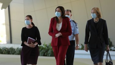 Queensland Premier Annastacia Palaszczuk updates the state on the coronavirus pandemic at a conference at the International Cruise Terminal at Pinkenba.