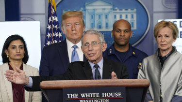 Coronavirus taskforce: Dr Anthony Fauci speaks while Seema Verma, administrator of the Centres for Medicare and Medicaid Services, President Donald Trump, Surgeon-General Jerome Adams and Dr Deborah Birx, White House coronavirus response coordinator, listen, in March.