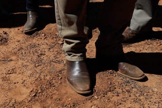 Prime Minister Scott Morrison's RM Williams boots pictured during a visit to farms in Queensland. 