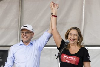 Opposition Leader Anthony Albanese and Queensland Premier Annastacia Palaszczuk during a rally in Brisbane today.