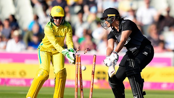 New Zealand’s Suzie Bates is bowled by Australian quick Megan Schutt.
