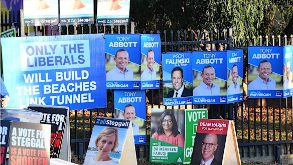 Posters in Warringah on election day.