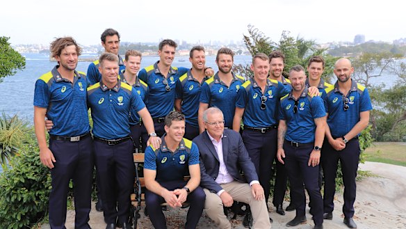 The Australian players pose with Prime Minister Scott Morrison at Kirribili House on Wednesday.