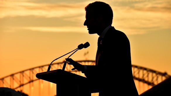 French President Emmanuel Macron makes a speech about the Indo-Pacific on board the Australian ship HMAS Canberra in Sydney in 2018.