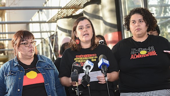 From left, Crystal McKinnon, Meriki Onus and Tarneen Onus-Williams announcing their intention to go ahead with the rally in 2020.