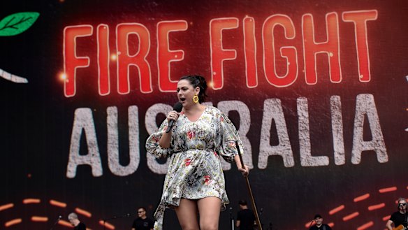 Celeste Barber on stage as MC
at Fire Fight Australia Bushfire relief concert.