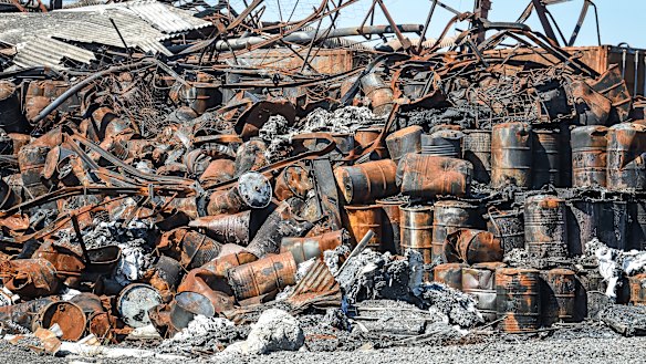 Burnt drums left behind after the warehouse fire in Tottenham.