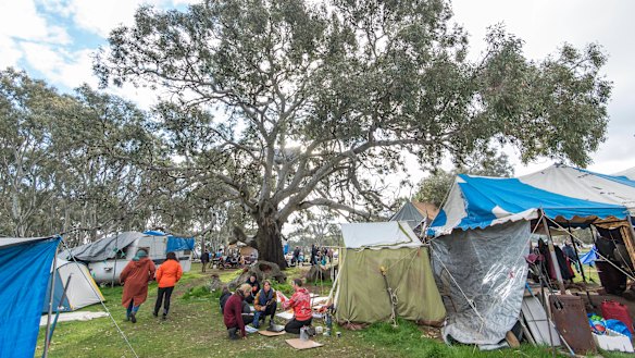 The Djab Wurrung camp at the sacred birthing trees, where protesters have been set up for months to prevent the trees being destroyed to make way for the Western Highway expansion.