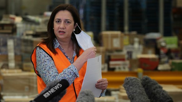 Queensland Premier Annastacia Palaszczuk fronts a COVID-19 press conference at Metcash Export Services in Crestmead, Brisbane.