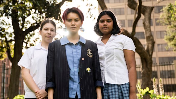 Veronica Hester, Imogen Kuah and Natasha Abhayawickrama are leading student climate actions on Friday.