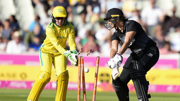 New Zealand’s Suzie Bates is bowled by Australian quick Megan Schutt.