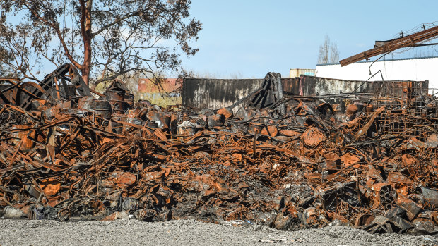 The debris left after a blaze at an illicit chemical stockpile in West Footscray. 