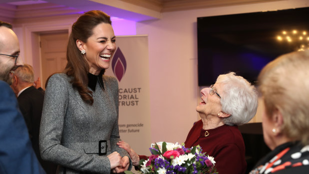 Catherine, Duchess of Cambridge shares a joke with Holocaust survivor Yvonne Bernstein.