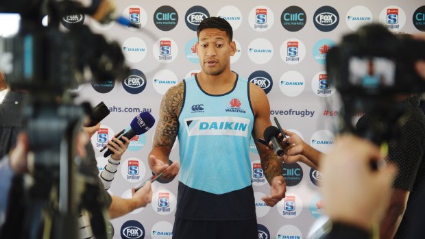 Back: Israel Folau faces the media for the first time since his controversial anti-gay comment.