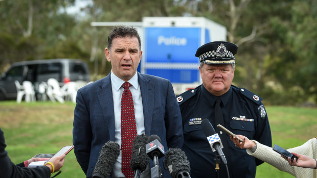 Homicide detective Andrew Stamper and Assistant Comissioner Luke Cornelius appeal for information from the public after a woman's body was found in Royal Park on Saturday.