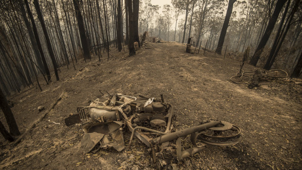 A burnt out motorcycle on the fireground in Taylors Arm near Macksville