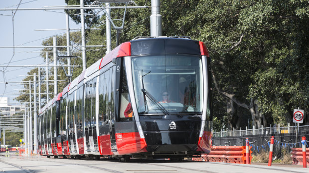 A 67-metre tram undergoes testing at Moore Park in Sydney's east on Tuesday. 
